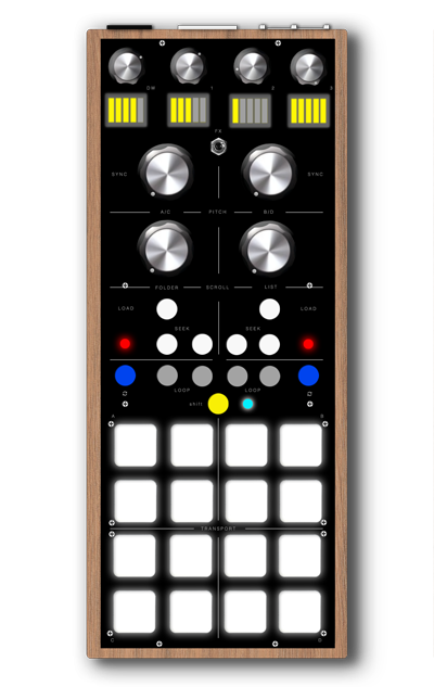 DJ-I MIDI CONTROLLER SEQUENCER, Full MIDI mapping programmable, 4 Logarithmic POTS, 5 BAR LED pots status, EFX SWITCH, 4 KNOB ENCODER 18 pulses with SWITCH button, 13 TACTILE BUTTON , 3 RGB 5mm LED, MIDI analog signal indicator 3mm LED, 16 PAD RGB LED, shift button for duplicate all funcionsor change use mode, INTERNAL BATTERY (+48hr of use), Analog MIDI in / MIDI out DIN connection, USB for MIDI connection (class compliant) or EXTERNAL POWER SUPPLY, BLUETOOTH ALWAYS ON (4.1 BLE class compliant), ENBEDDED SEQUENCER core for NI Traktor Sample Deck (all versions), SLAVE SEQUENCER mode (use DAW clock for external anaglog MIDI out instruments), MASTER SEQUENCER standalone mode,  no computer needed (analog MIDI out), Material: WOOD enclosure PLEXIGLASS black plane, ALPS Potentiomenter Alluminium KNOBS, SILICON BUTTON, PAD Limited edition INOX plate, MADE IN ITALY